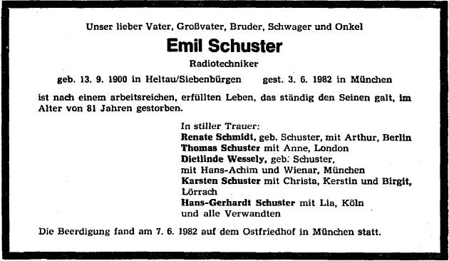 Schuster Emil 1900-1982 Todesanzeige